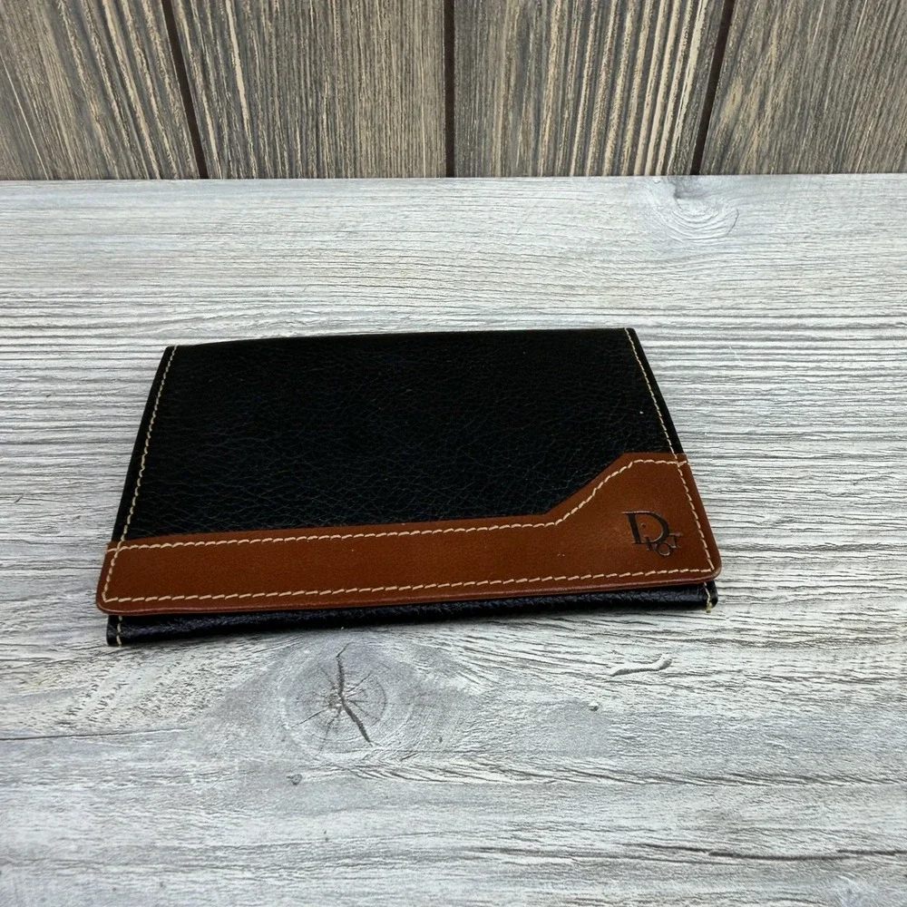Vintage Christian Dior Leather Checkbook Cover Wallet Black Brown ID Holder